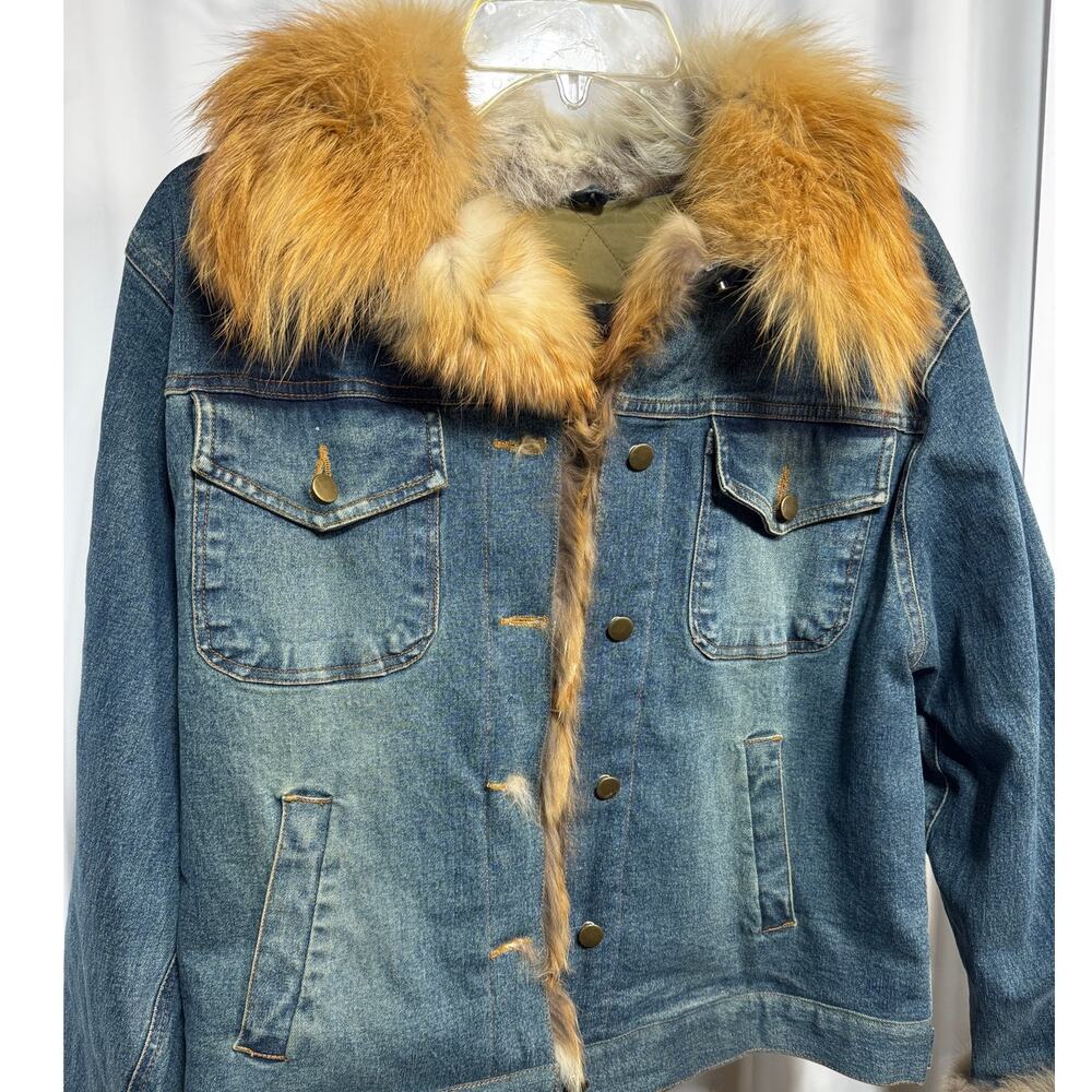 Damselle New York Fur Collar Denim Trucker Jacket Y2K Mob Wife Quilted Sz Med